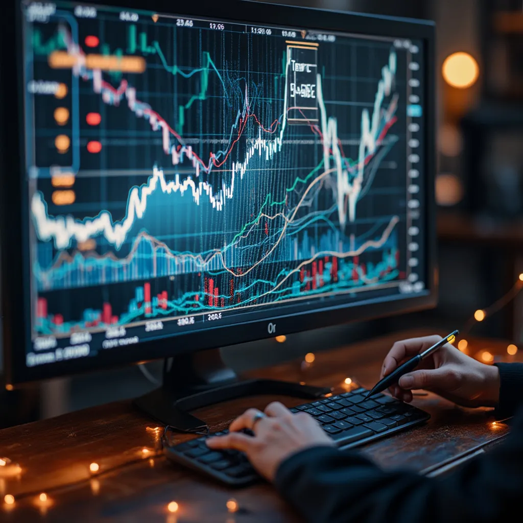 Detalle de gráficos financieros y teclado de computadora